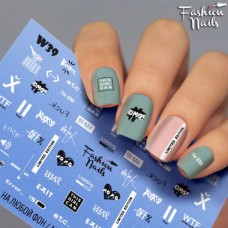 Слайдер-дизайн Fashion nails - наклейка на ногти - надписи арт.W39 - Черно-белые слайдер дизайны