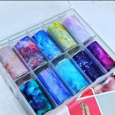 Разноцветная переводная фольга для ногтей в пластиковом боксе - набор фольги 10 штук - Фольга для литья набор