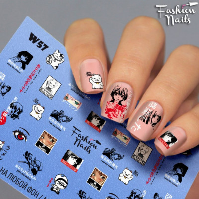 Водные наклейки для ногтей - Слайдеры для ногтей Fashion Nails Котик, Глаза, Лица, Мультяшки, Аниме W57