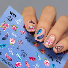 Наклейки на ногти Париж, Розовый Фламинго, Розы, Надписи - Слайдер-дизайн Перья Часы W63