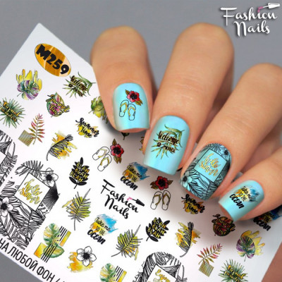 Водные наклейки для ногтей Листочки Растения Слайдер дизайн Надписи для маникюра Fashion Nails М259