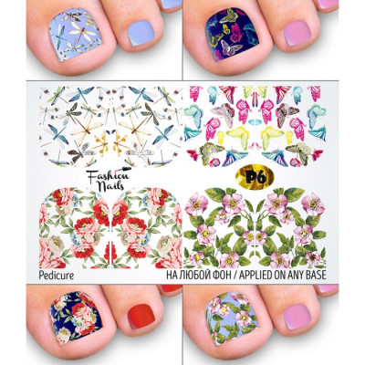 Слайдер-дизайн для педикюра ЦВЕТЫ Бабочки Стрекоза - Наклейки на Ногти для Педикюра Fashion Nails Р6