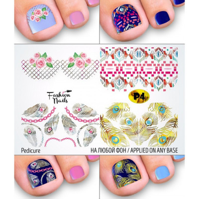 Слайдер-дизайн для педикюра Цветы Розы - Наклейки на Ногти для Педикюра Перья Орнамент Fashion Nails Р4