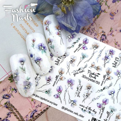 Слайдер-дизайн Fashion nails 3D Crystal Слайдеры водные наклейки ЦВЕТЫ с камнями 3Dcrystal/50